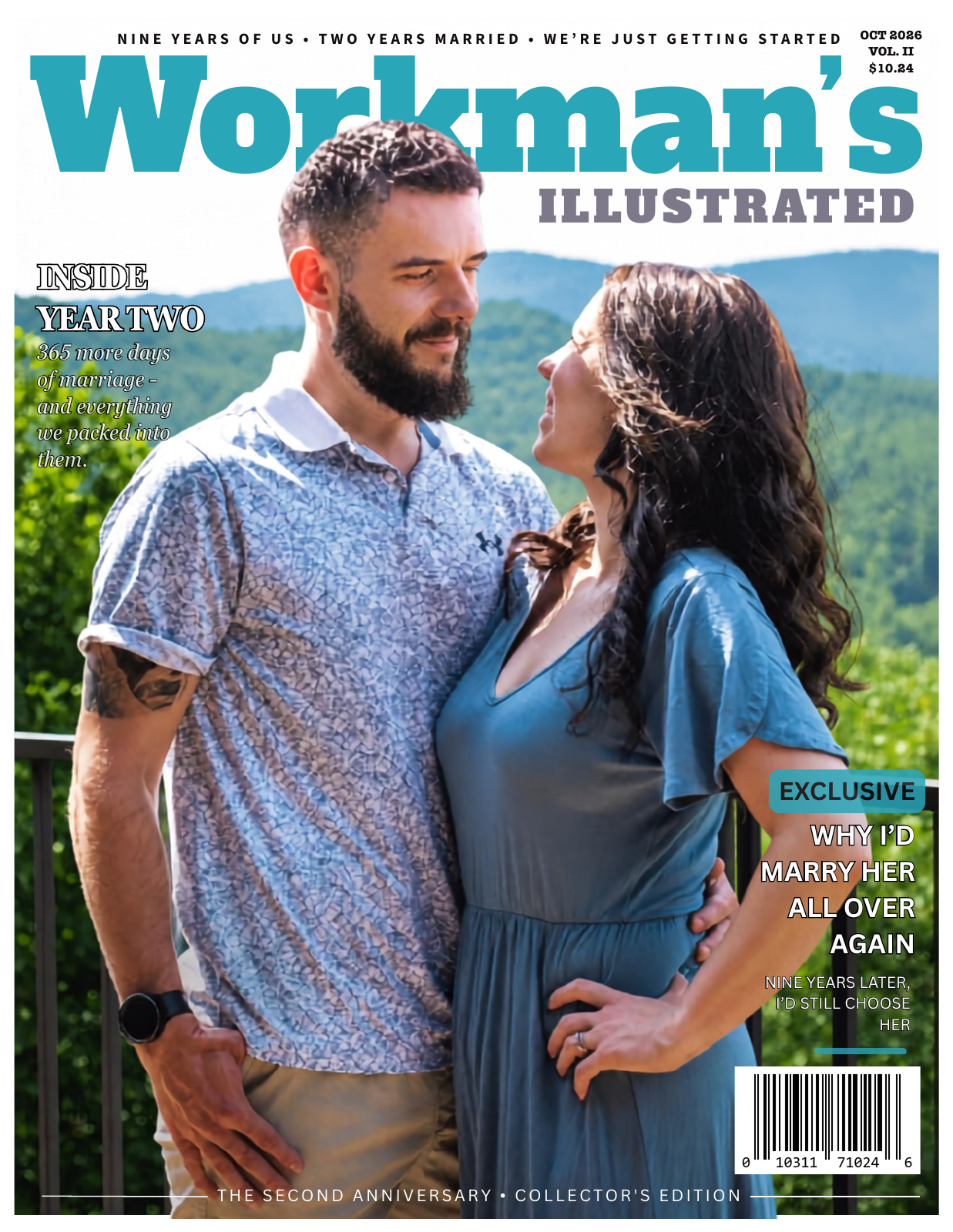 Workman’s Illustrated anniversary magazine cover featuring Sebastian and Samantha